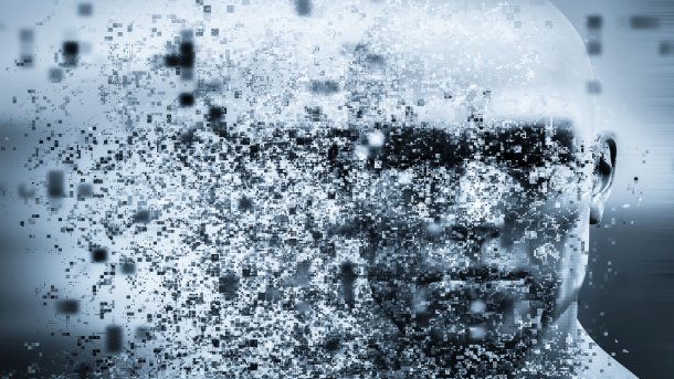 Ein künstlich anmutendes Gesicht löst sich in Pixel auf