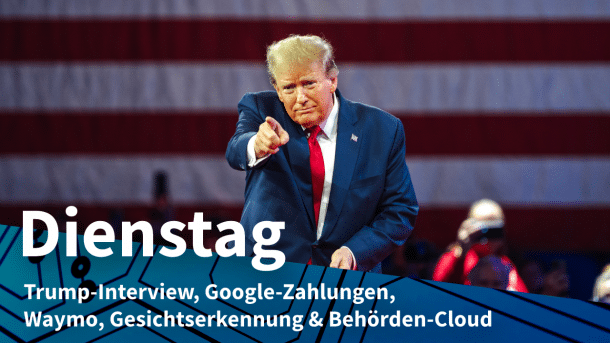 Donald Trump Ende Februar 2024 auf einer Wahlkampfveranstaltung im US-Bundesstaat Maryland, dazu Text: DIENSTAG Trump-Interview, Google-Zahlungen, Waymo, Gesichtserkennung & Behörden-Cloud