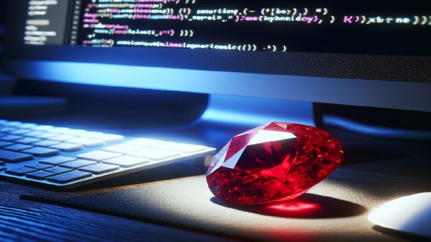 A red stone to the right of a keyboard and a screen.