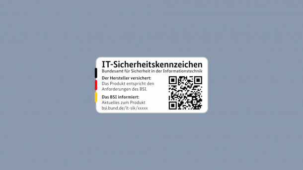 Kasten sagt "IT-Sicherheitskennzeichen" und enthält eine URL sowie einen QR-Code