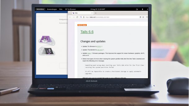 Tails desktop on notebook on a table