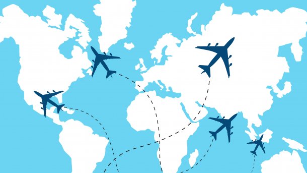 Airplane symbols over a world map
