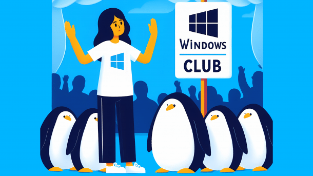 Stylized image: Doorman in front of "The Windows Club" does not let penguins in