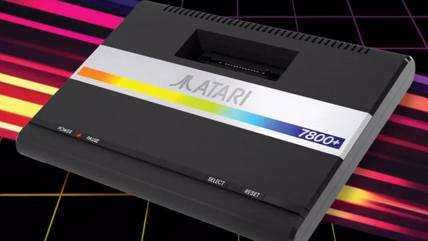 Atari 7800+ in front of a black background