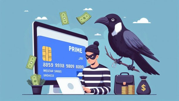 Krimineller phisht am Rechner, darüber sitzt eine Elster