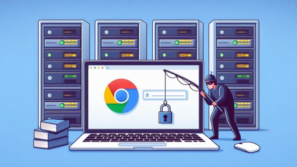 Laptop installiert vor Servern, die verschlüsselt sind, davor ein Einbrecher, der Daten aus Google Chrome angelt