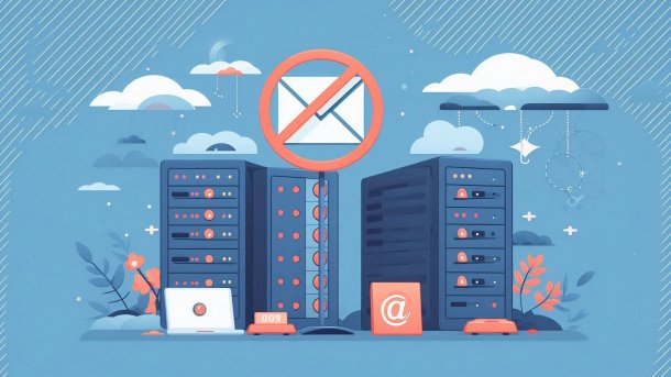 Server mit Laptop davor, davor eine durchgestrichene E-Mail