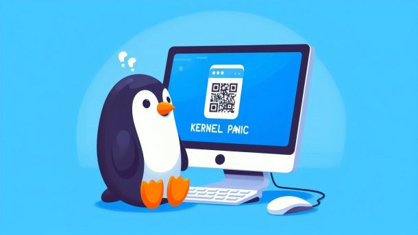 Penguin sits helplessly in front of a computer that displays a QR code and "Kernel Panic"