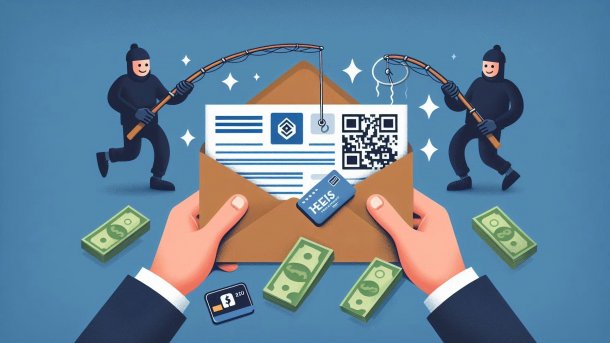 Letter with QR code, criminals fishing for money in the background