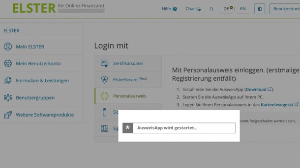 Screenshot von der Elster-Homepage