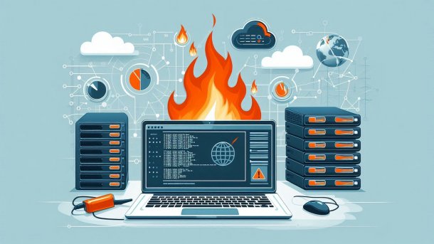 Burning laptop in front of servers that monitor the laptop