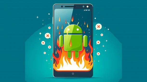 Stylized image: Smartphone with Android robot on the screen, on fire