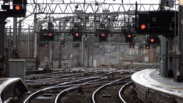 Tracks in front of a British train station