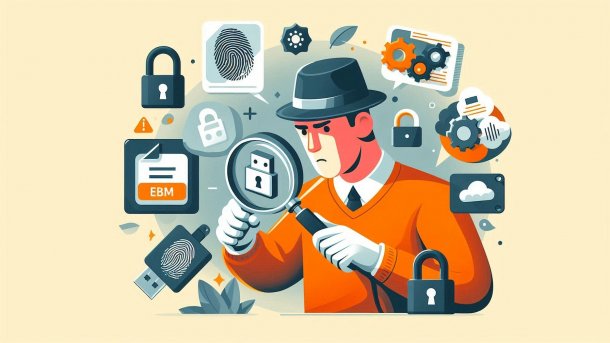 A criminal examines a USB dongle with security symbols all around it