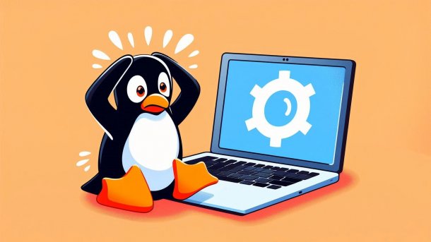 Pinguin sitzt vor Laptop, verzweifelt, das eine stilisierte Installation/Konfiguration anzeigt