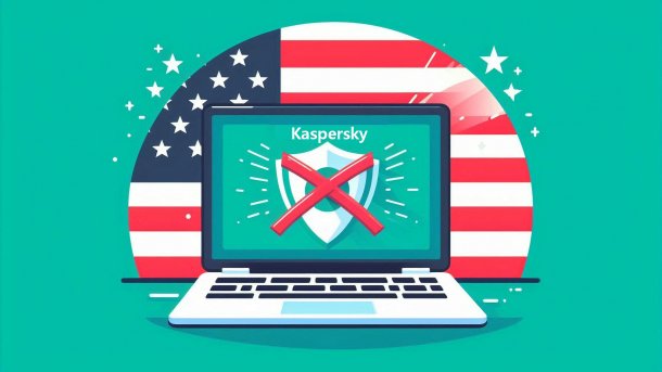 Laptop in front of USA flag shows Kaspersky lettering and crossed-out shield
