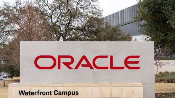 Oracle sign in front of the Waterfront Campus in Austin