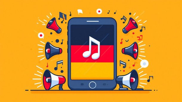 Deutschlandflagge auf Handy, drumherum Megaphone und Noten