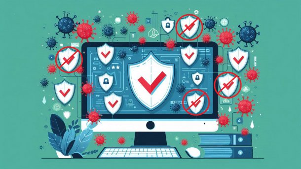 Computer with multiple shields, some of which are crossed out, is attacked by viruses