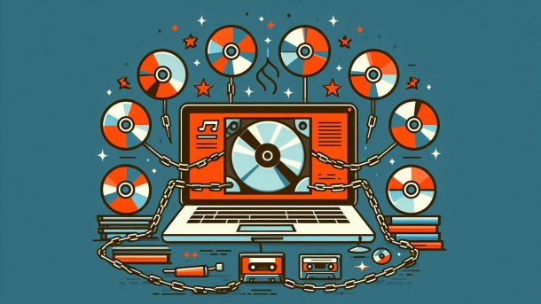 Computer mit mehreren CDs und Medien-Datenträgern, die mit Ketten daran verbunden sind