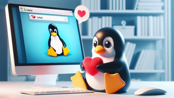 Pinguin sitzt verliebt vor einem Computer, der einen Pinguin und die Schrift "Linux" anzeigt