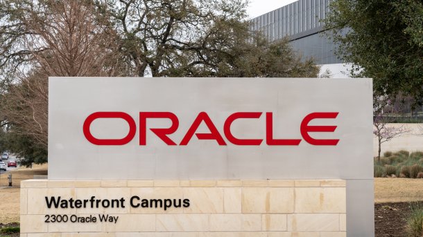 Oracle sign in front of the Waterfront Campus in Austin