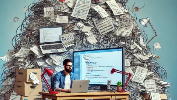 Dokumente umgeben Mann am PC