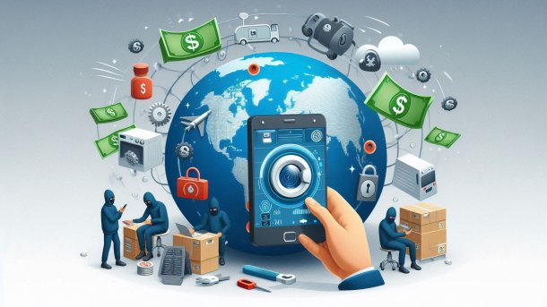 Kriminelle kommunizieren verschlüsselt rund um den Globus, zudem sieht man Geld und eine Geldwaschmaschine