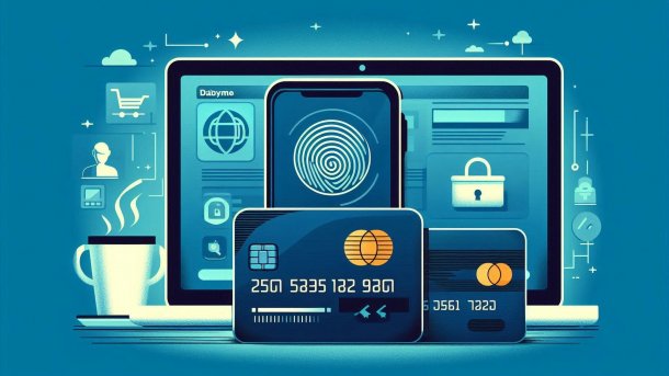 Credit cards, smartphone for biometric approval, laptop with payment process in the background