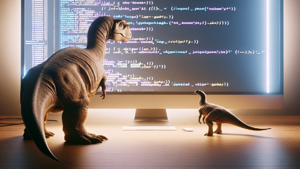 KI-Bild: Dinosaurier vor Bildschirm mit Code