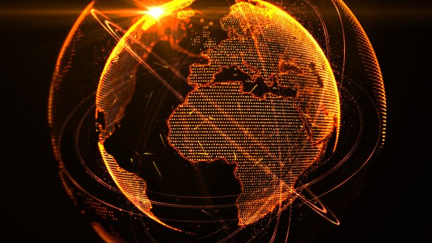 The orange graphic of a globe hologram is set against a black background. 