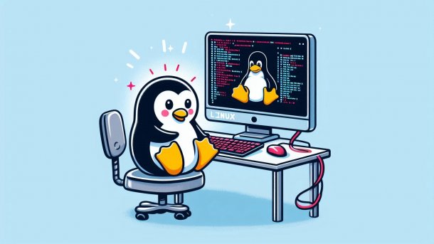 Pinguin sitzt vor einem Computer, der einen Pinguin und die Schrift &quot;Linux&quot; anzeigt