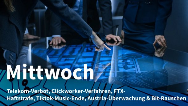 Personen um einen Tisch deuten auf Display; Mittwoch: Telekom-Verbot, Clickworker-Verfahren, FTX-Haftstrafe, Tiktok-Music-Ende, Austria-Überwachung & Bit-Rauschen