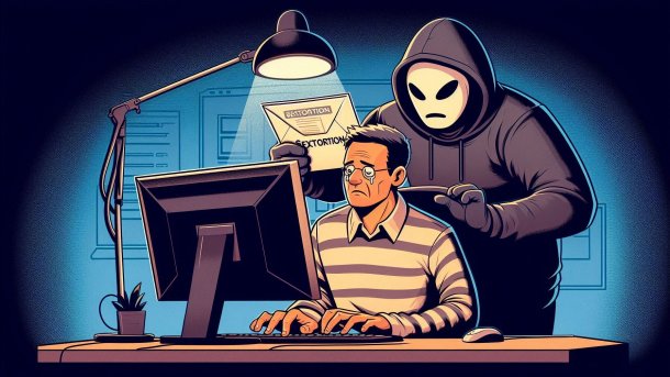 Ein Nutzer sitzt am Rechner, dahinter ein Krimineller mit Maske und einem Brief mit Aufschrift "Sextortion" in der Hand