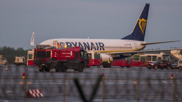 A Ryanair plane stands on the tarmac.