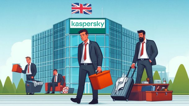 Angestellte verlassen ein Geschäftsgebäude mit Kaspersky-Aufschrift und der Flagge des Vereinigten Königreichs darauf
