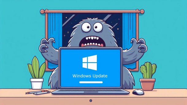 A laptop displays Windows updates, with a desperate little monster standing next to it