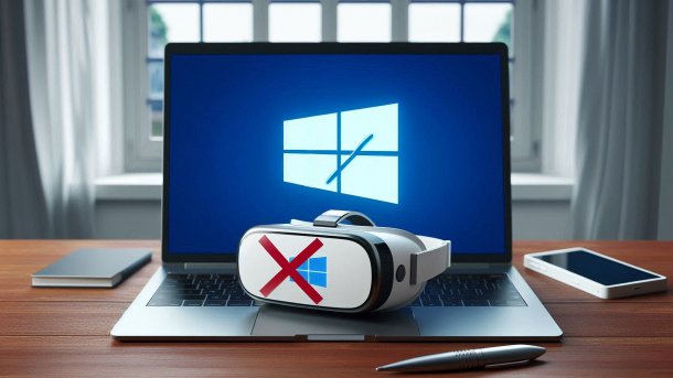 Laptop mit Windows 11-Logo, davor Mixed-Reality-Brille, die durchgestrichen ist