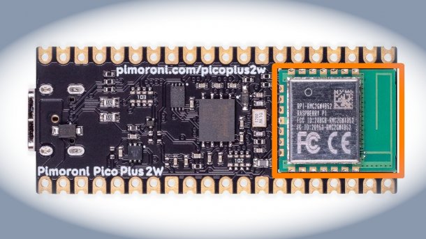 Unterseite des Pimoroni Pico Plus 2 W, markiert ist das WLAN-Modul Raspberry Pi RM2.