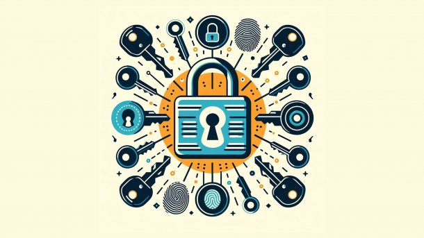 Stilisierte Grafik: ein Schloss mit biometrischen Schlüsseln