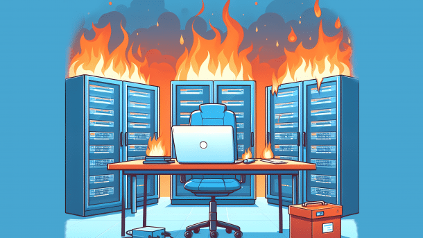 Stylized image: Laptop on desk in front of server cabinets, on fire