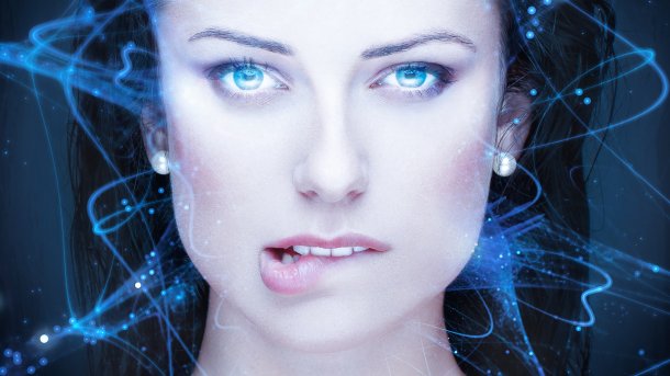 Futuristic, distorted depiction of the face of a beautiful woman with blue eyes, biting her lower lip.