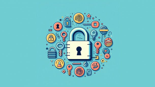 Stilisierte Grafik: ein Schloss mit biometrischen Schlüsseln