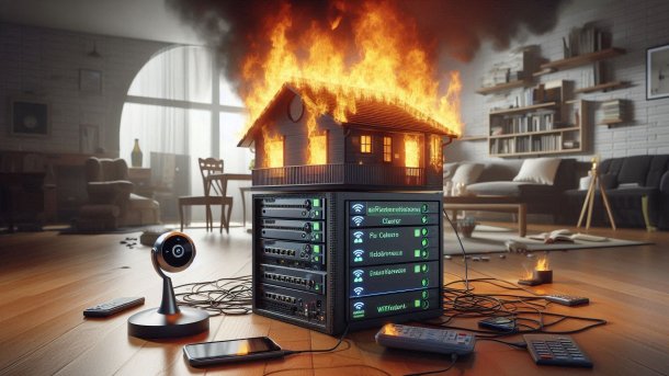 A server in a house on fire that maps a burning house and controls the cameras, network and WLAN in it