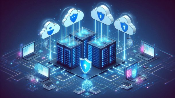 Server in the center, connections to surrounding clients, encryption symbols