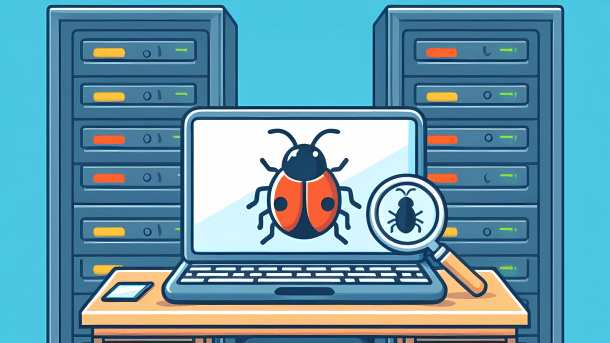 Laptop im Netz wird mit Lupe untersucht