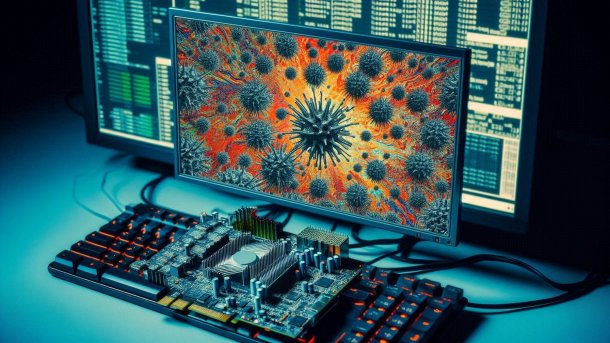 Graphics card in front of monitor, viruses can be seen on it