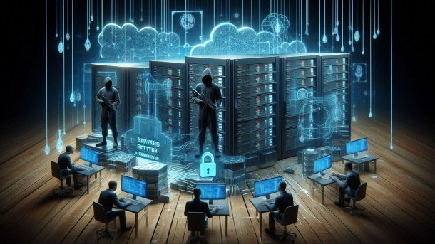 Heavily armed criminals stand around servers displaying encryption symbols. People sit around them with laptops.