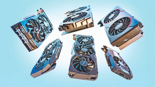 Mid-range graphics cards against a blue background