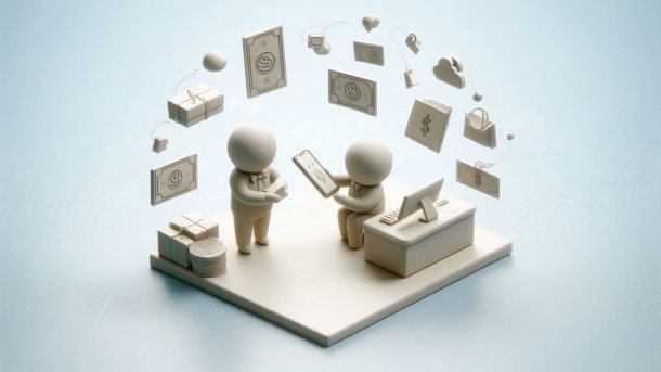 Käufer gibt Verkäufer Geld, am Computer